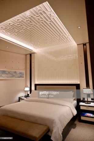 DOHA, QATAR - NOVEMBER 17: The Arab dhow-shaped lamps complement the fretwork sand dune panels, with a painted eggshell finish, designed by the David Collins Studio, on the ceilings and walls of the rooms and suites, that are the key design feature of the Mandarin Oriental, Doha on November 17, 2019 in Doha, Qatar. (Photo by Rubina A. Khan/Getty Images)