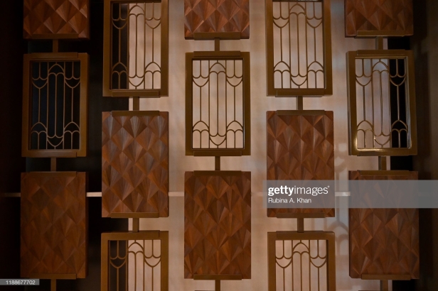 DOHA, QATAR - NOVEMBER 17: A closer view of the brass veil, influenced by the awnings and canopies of Arab dhows and ocean waves, designed by the David Collins Studio and Alexander Lamont's straw marquetry that adorn the lobby of the Mandarin Oriental, Doha on November 17, 2019 in Doha, Qatar. (Photo by Rubina A. Khan/Getty Images)